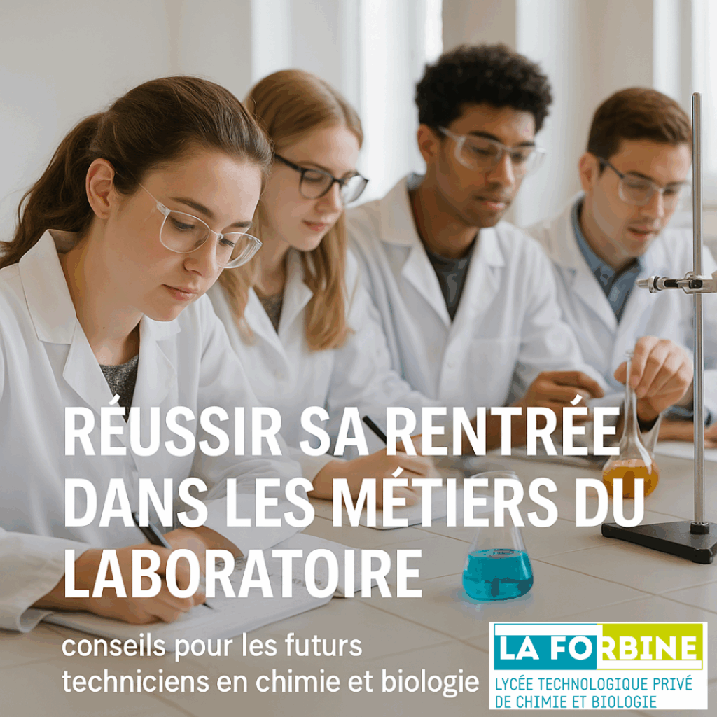 Élèves en blouse blanche au Lycée La Forbine lors d’un TP de chimie pour la rentrée 2025